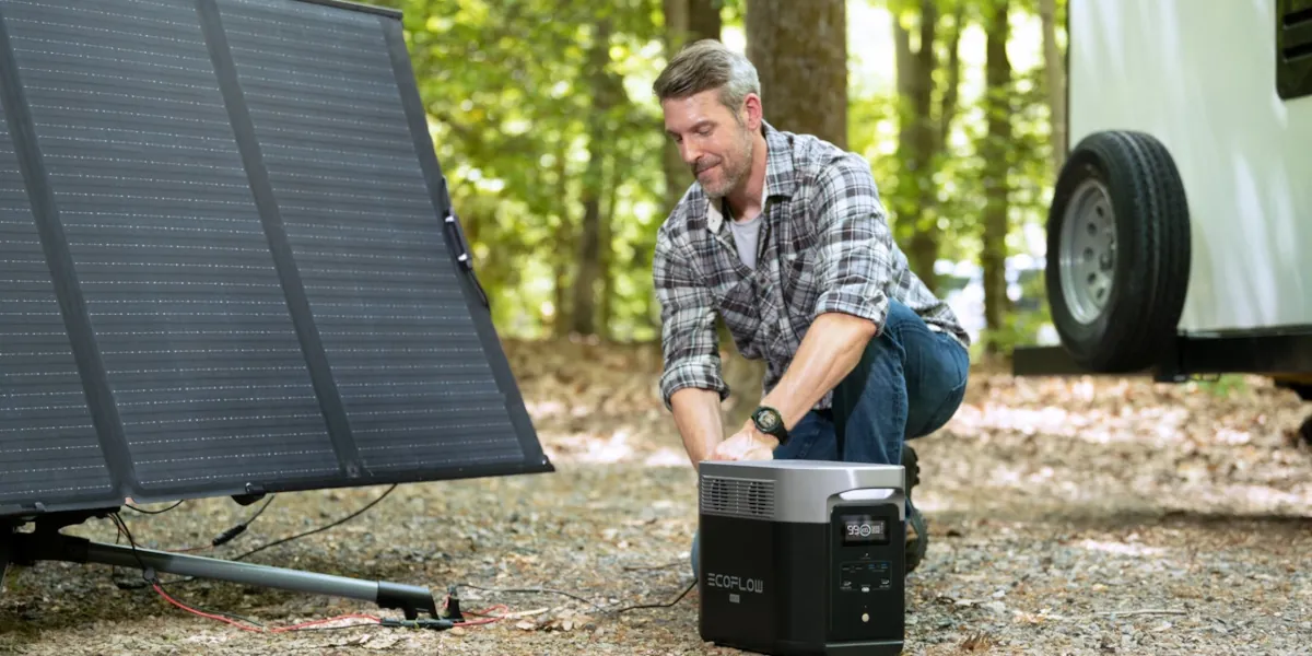 An EcoFlow PowerStation Solar Charging at a Campsite