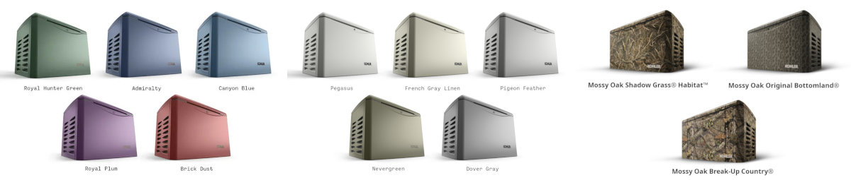 Kohler home standby generator color chart displays ten different colors and three Mossy Oak camouflage patterns.