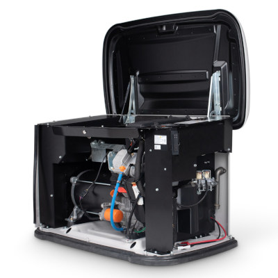A Generac Next Gen Home Standby Generator shown with the top open and the front and right side covers off to display the generator engine, alternator, and other enclosed parts.