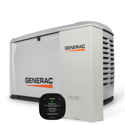 A Generac Next Gen Home Backup Generator shown with a Generac automatic transfer switch and the ecobee smart thermostat.