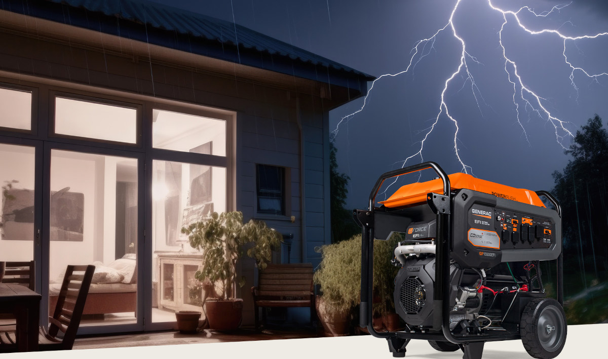 A Generac portable generator outside in a power outage following a severe storm. The home has lights in a dark neighborhood. Lightning flashes in the background.